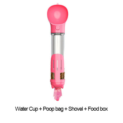 3-in-1 dog water bottle with treats, bags, leak-proof design