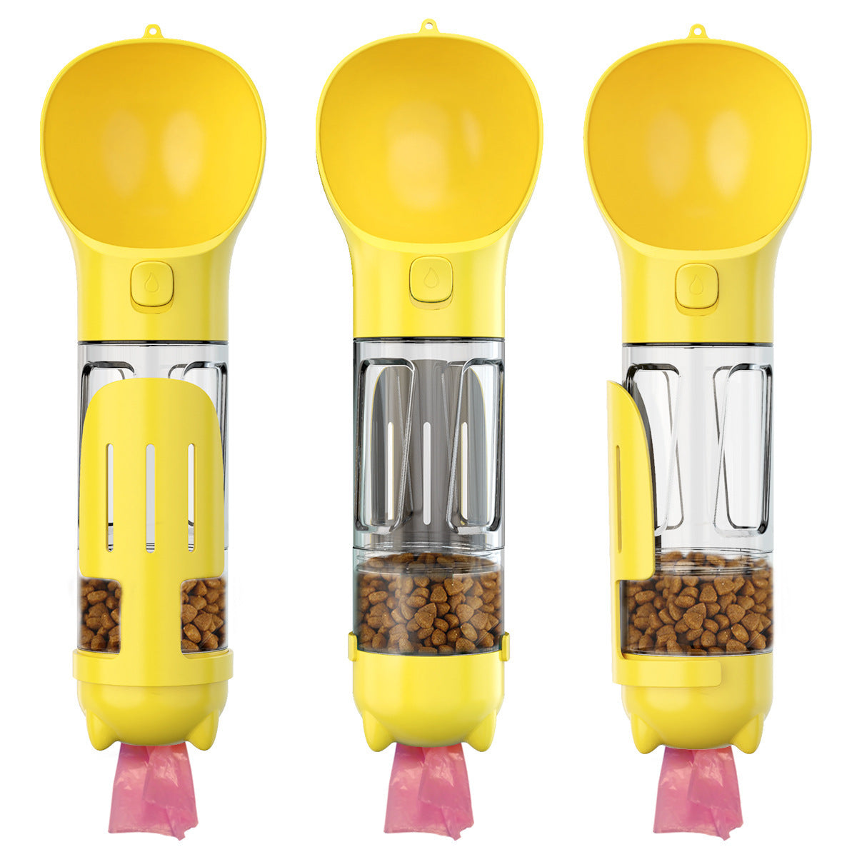 3-in-1 dog water bottle with treats, bags, leak-proof design