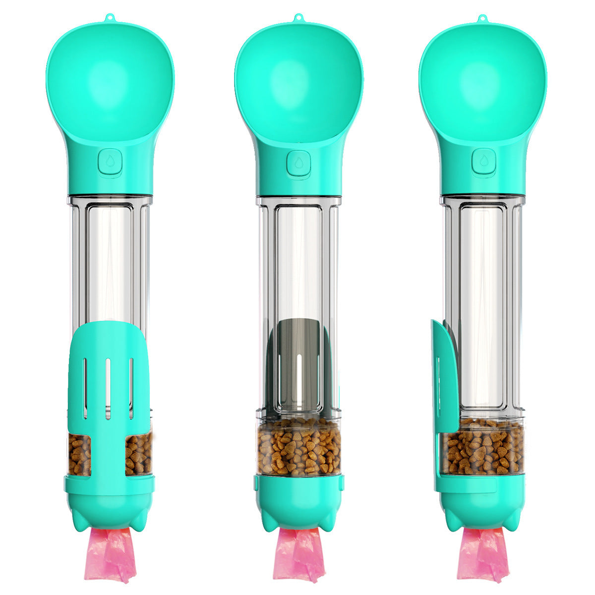3-in-1 dog water bottle with treats, bags, leak-proof design