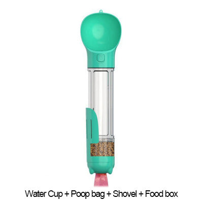 3-in-1 dog water bottle with treats, bags, leak-proof design