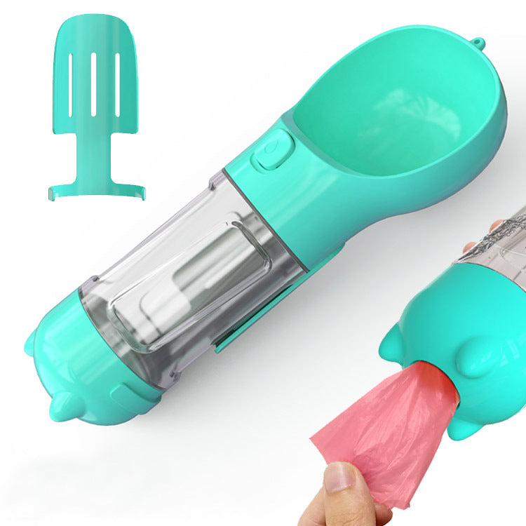 3-in-1 dog water bottle with treats, bags, leak-proof design