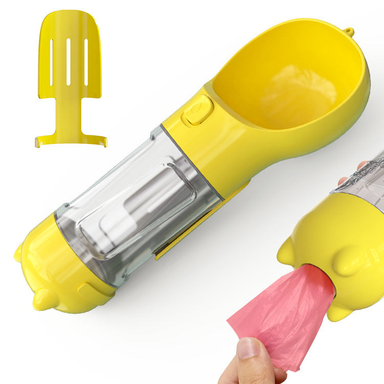 3-in-1 dog water bottle with treats, bags, leak-proof design