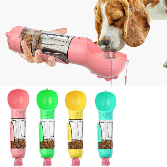 3-in-1 dog water bottle with treats, bags, leak-proof design