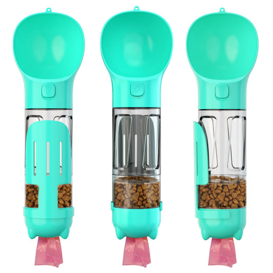 3-in-1 dog water bottle with treats, bags, leak-proof design